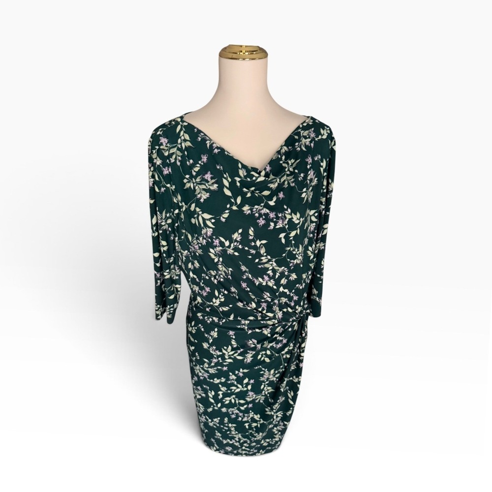 Lauren Ralph Lauren Size 18 Green Floral Ruched Cocktail Occasion Sheath Dress